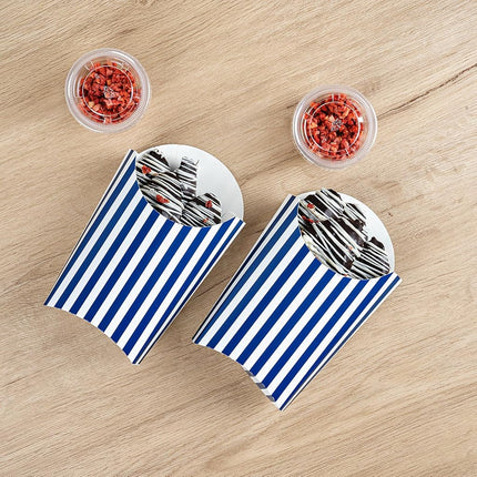 Bio Tek 4.7 x 3.5 x 5.1 Inch French Fry Cup, 100 Disposable Snack Cups - Stackable, Sustainable, Blue and White Paper 4 Ounce Fry Holder, for Fries, Onion Rings, Popcorn, or Cookies - Restaurantware