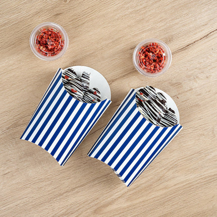 Bio Tek 4.7 x 3.5 x 5.1 Inch French Fry Cup, 100 Disposable Snack Cups - Stackable, Sustainable, Blue and White Paper 4 Ounce Fry Holder, for Fries, Onion Rings, Popcorn, or Cookies - Restaurantware