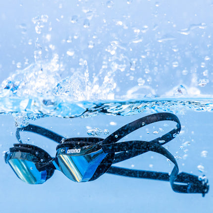 ARENA Unisex Python Racing Swim Goggles for Men and Women Anti-Fog Mirror Lens Max Comfort Dual Strap, Blue Mirror/White Sky