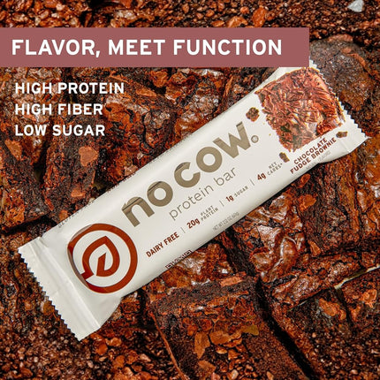 No Cow Protein Bar, Chocolate Fudge Brownie, 21g Plant Based Protein, Keto Friendly, Low Sugar, Dairy Free, Gluten Free, Vegan, High Fiber, Non-GMO, 12 Count