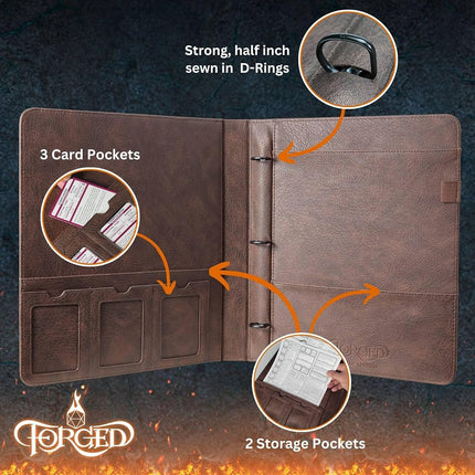 Forged Dice Co. Game-Folio PU Leather Portfolio Binder - Gaming Binder for DND Character Sheets with DND Spell Cards Organizer and Clear Front Pocket - Compatible with Dungeons and Dragons RPG - Red
