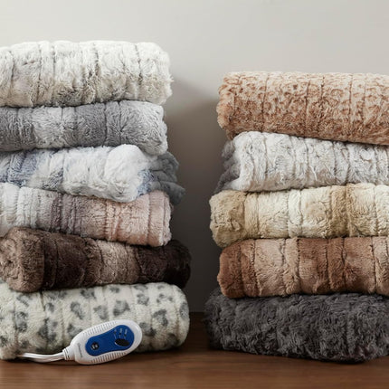 Couverture chauffante électrique réversible Beautyrest Zuri en fausse fourrure et vison, arrêt automatique, quasiment zéro champ électromagnétique, plusieurs réglages de chaleur, certifiée UL, lavable en machine, plaid 127x178 cm rose poudré/gris