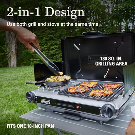 Gril et réchaud de table 2-en-1 Coleman avec 2 brûleurs réglables, gril/réchaud au propane avec allumage par bouton-poussoir, pare-vent, bac de récupération des graisses et puissance de 20 000 BTU pour le camping, le talonnage et plus encore