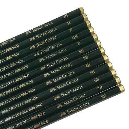 Faber-Castell 9000 Juego de lápices de grafito artístico, los mejores regalos, 12 unidades con 12 grados de dureza (2H, H, F, HB.) + 1 goma de borrar amasada + 1 goma de borrar grande sin polvo + 1 sacapuntas Faber