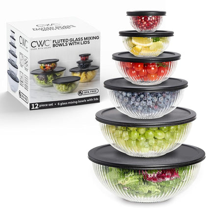 Cook with Color – Ensemble de 12 bols mélangeurs en verre avec couvercles – Bols gigognes en verre borosilicate pour la cuisine, la pâtisserie et la préparation des repas, noir cannelé