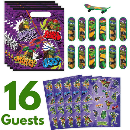 Unique Ninja Turtle Party Favors Pack – For 16 Guests - TMNT Party Favor Bags, Sticker Sheets, Mini Skateboards, Checklist – Teenage Mutant Ninja Turtle Party Decorations & Supplies