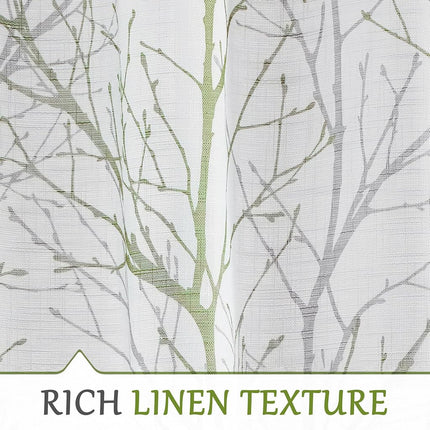 FMFUNCTEX Linen Semi Sheer Curtains for Bedroom, Sage Green White Curtains 72 Inches Long for Living Room, Grey Tree Branch PPrint Curtain Light Filtering Farmhouse Window Drapes, Grommet Top 2 Panels