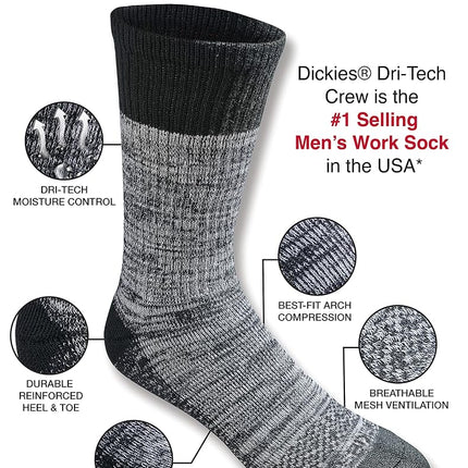 Dickies Men's Big & Tall Dri-tech Moisture Control Crew Socks Multipack, Black Free Run (6 Pairs), Shoe Size: 15-17