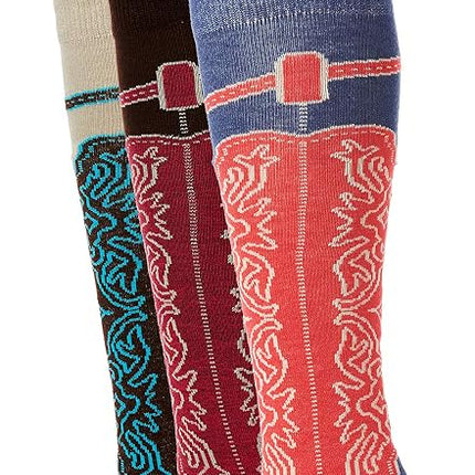 Wrangler Women's Ladies Wild West Boot Socks 3 Pair Pack, Blue/Khaki/Brown, Medium