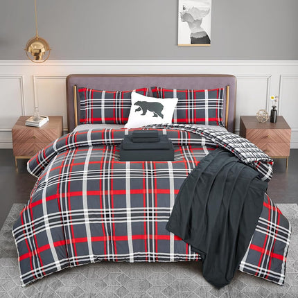 Elegant Comfort Silky Soft 8-Piece Plaid Lodge Bed-in-a-Bag Comforter Set, Includes 4pc Smart Sheet Set, Comforter, Decorative Pillow, Matching Pillowcases and Shams - Twin/Twin XL, Gray