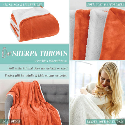 Elegant Comfort Throw Blanket, Reversible Sherpa Flannel, Ultra-Soft, Fuzzy, Cozy and Plush- All Season Lightweight Decorative Throw, 50 x 60 inches, Solid Sherpa Throw, Orange