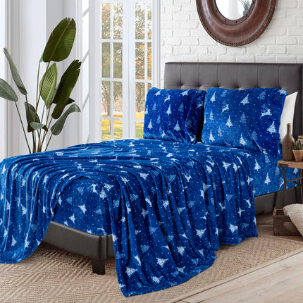 Elegant Comfort Luxuriously Soft 4-Piece Holiday Velvet Plush Flannel Sheet Set- Premium Quality- Cozy Warm, Christmas Fuzzy Velvet Flannel Fleece Deep Pocket Sheet Set -Twin XL, Arctic Blue Christmas