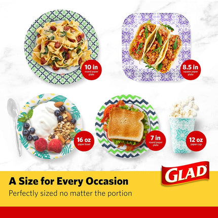 Glad Round Disposable Paper Plates for All Occasions | New & Improved Quality | Soak Proof, Cut Proof, Microwaveable Heavy Duty Disposable Plates | 10" Diameter, 50 Count Bulk Paper Plates