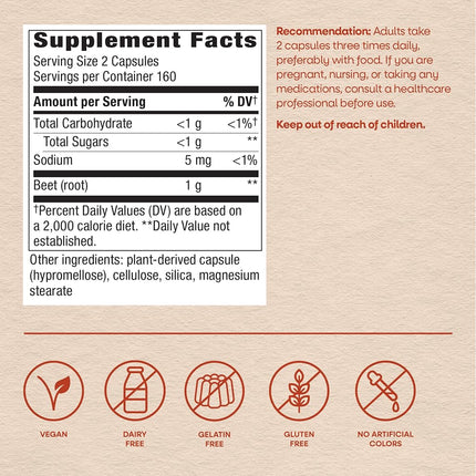 Nature's Way Beet Root; 1 gram Beet Root per serving; TRU-ID Certified; Gluten-Free; Vegetarian; 320 Capsules