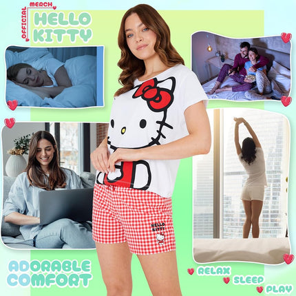 Hello Kitty Womens Pyjamas Short Sleeve PJs Set Teenagers Kawaii Lounge Sets Nightwear Soft Comfy Loungewear Sleepwear Anime Gifts for Women (S, White/Red)