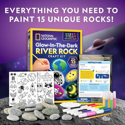 Blue Marble National Geographic Glow in the Dark Rock Painting Kit - Arts & Crafts Kit for Kids, Decorate 15 River Rocks with 15 Paints & Art Supplies, Kids Craft