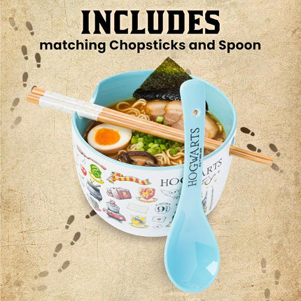 Silver Buffalo Harry Potter Hogwarts Iconic Icons Ceramic Ramen Noodle Rice Bowl with Chopsticks and Spoon, Microwave Safe, 20 Ounces