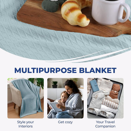 Superior Diamond Weave Blanket, 100% Cotton Cover for Home, Couch, Bed, Soft, Warm Blankets, Boho Aesthetic, Comfy, Cozy, and Cute Covers, Decorative Bedding Essentials, Throw, Aqua