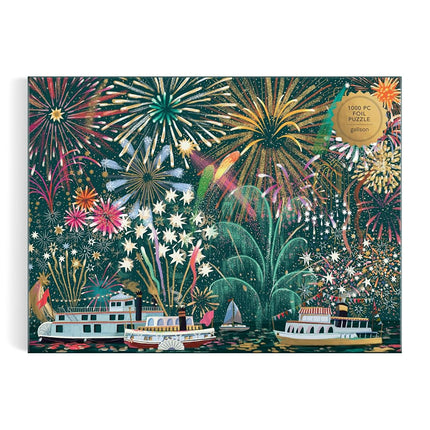 Galison Fireworks Jubilee – 1000 Piece Foil Jigsaw Puzzle Featuring Beautiful Artwork Of Fireworks Overlooking Boats On The Water