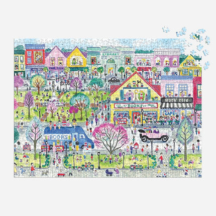 Galison Book Townscape – 1000 Piece Michael Storrings Jigsaw Puzzle Featuring Beautiful Artwork Of A Book Themed Neighborhood, Vibrant, Bold Colors