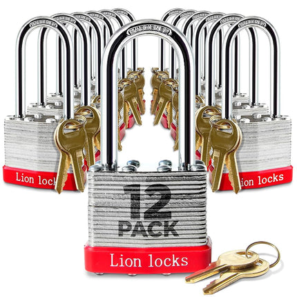 Candados Lion Locks de 5 cm con grillete largo de 12 llaves iguales, 24 llaves – Candados para uso en exteriores, cerraduras con llaves, caja de acero endurecido, cilindro de pasador de latón resistente a manipulaciones para cerrojos, casilleros, puertas