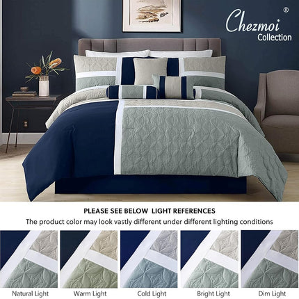 Chezmoi Collection 7-Piece Quilted Patchwork Set, Polyester, Navy/Blue/Grey, Queen