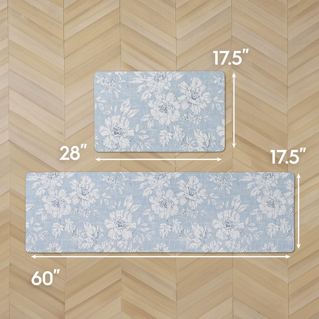 Laura Ashley - Anti-Fatigue Kitchen Mat, Iris Floral Design, Stain, Water & Fade Resistant, Cooking & Standing Relief, Non-Slip Backing, 2 Piece Set: 17.5" x 60" / 17.5" x 28" Light Blue Iris