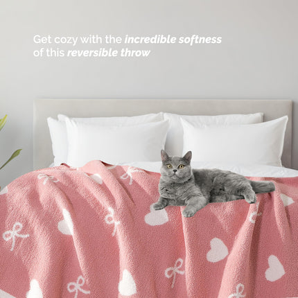 Elegant Comfort Valentine's Day Knit Throw Blanket, Hearts and Bows Super Soft Cozy Fluffy Warm Throw Blankets for Couch, Sofa, Chair, Bed, Camping, Picnic, Travel Lightweight Bed Blanket (50" x 70")