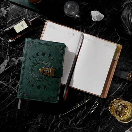 Lockable Journal with Pen, A5 240 Pages Lock Diary, Vintage Edge, Refillable, Inner Pocket, Leather Hardcover (8.5 × 5.9inch) Dark Green