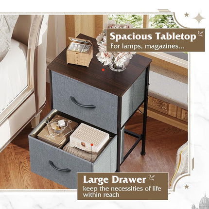 WLIVE Nightstand, Nightstand with 2 Drawers, Bedside Furniture, Night Stand, Small Dresser for Bedroom, College Dorm, End Table with Fabric Bins, Dormitory, Dark Grey, Size L