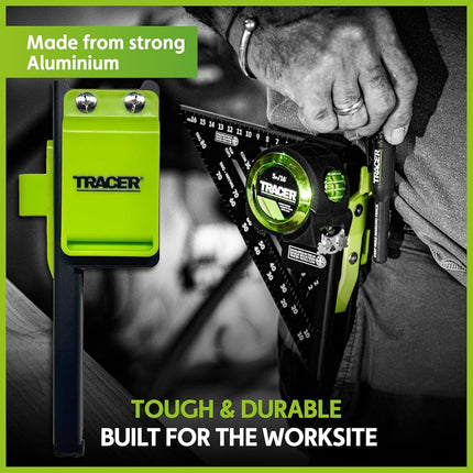 Tracer Set Square and Tape Holder – Speed Square and Tape Measure Holder with Additional Slots for Markers and Belt Clip for 2" Belts.