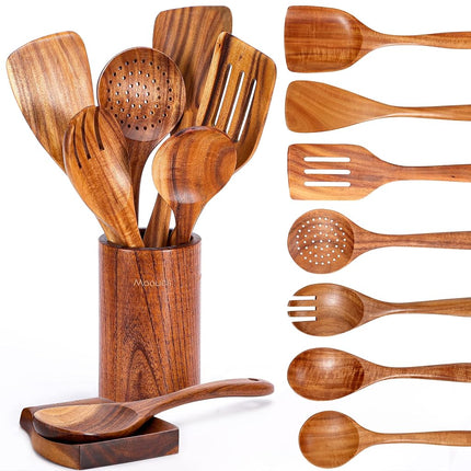 Mooues 9 Piece Natural Teak Wooden Kitchen Utensil Set with Spoon Rest - Comfort Grip Cooking Spoons and Utensils Holder