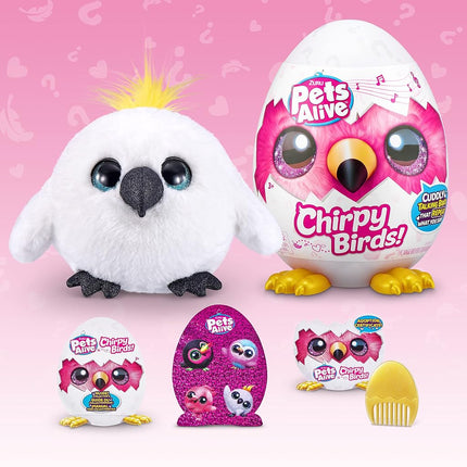 Pets Alive Chirpy Birds, Meemi the White Cockatoo, Surprise Interactive Toy Pets with Electronic Speak and Repeat, Sings 2 Unique Songs, 5 Layers of Surprises, 23 cm, Ages 3+, (White Cockatoo)