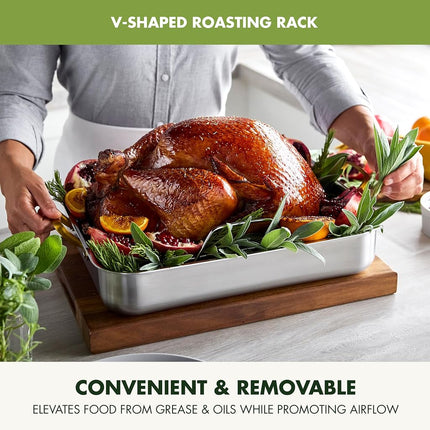 GreenPan Reserve 16" x 13" Tri-Ply Stainless Steel Roasting Pan with Roaster Rack, Multiclad Cookware, Induction Suitable, Stainless Steel Handles, Dishwasher & Oven Safe, Silver