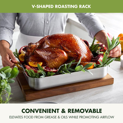 GreenPan Reserve 16" x 13" Tri-Ply Stainless Steel Roasting Pan with Roaster Rack, Multiclad Cookware, Induction Suitable, Stainless Steel Handles, Dishwasher & Oven Safe, Silver