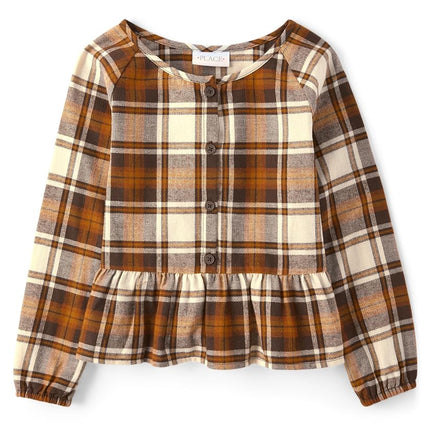 The Children's Place Girls' Long Sleeve Woven Fashion Top, Hay Stack, Large