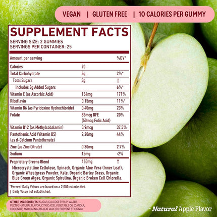 8Greens Daily Greens Gummies - Superfood Booster, Energy & Immune Support, Made with Real Greens, Greens Powder, Vitamin C, B12, Spirulina - Apple, 50 Count