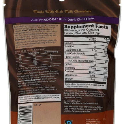 Adora Calcium Supplement Disk 500mg, Organic Milk Chocolate, 30 Count