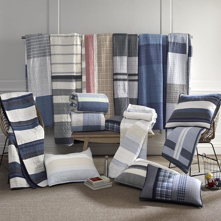 NauticaHome 210469 Adleson Couvre-lit en coton, Grand lit/Très grand lit, Bleu/Gris
