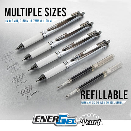 Pentel EnerGel Pearl Retractable Liquid Gel Pen, (0.7mm), Medium Line, Assorted Ink, Pack of 8 (BL77WBPS8M)