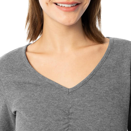 Conjunto de pijama de top de gofre con cuello en V y pantalón de franela para mujer Fruit of the Loom, gris jaspeado/árboles nevados, L