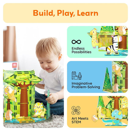 PicassoTiles 46pc Magnet Tile Building Block Safari Themed Set with 8 Compatible Magnetized Animal Action Figures Build Blocks Toddler Creativity Toys STEAM Educational Learning Skills Ages 3+ PTQ12