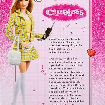Barbie Signature Doll, Clueless Cher Collectible in Yellow Plaid Suit with Backpack, Cell Phone, & Learner’s Permit Accessories, JBJ34