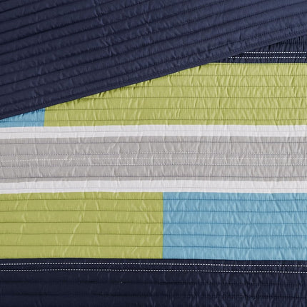 Comfort Spaces 3 Piece Quilt Coverlet Bedspread All Season Lightweight Hypoallergenic Pipeline Colorblock Kids Bedding Set, Full/Queen, Pierre Navy/Blue Stripe