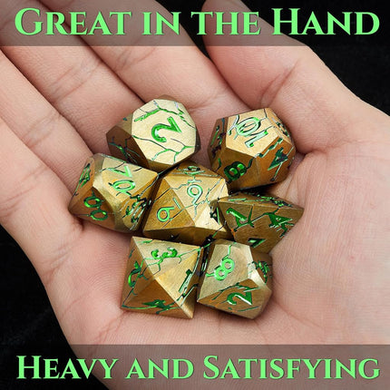 Metal Dice for DND - Ancient Cracked Pharaoh Ruins - Gold Green Cracks