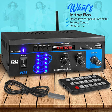 Home Audio Power Amplifier System - 2X75W Mini Dual Channel Sound Stereo Receiver Box w/ LED - For Amplified Speakers, CD Player, Theater via 3.5mm RCA - For Studio, Home Use - PYLE PCA3, Black, One Size