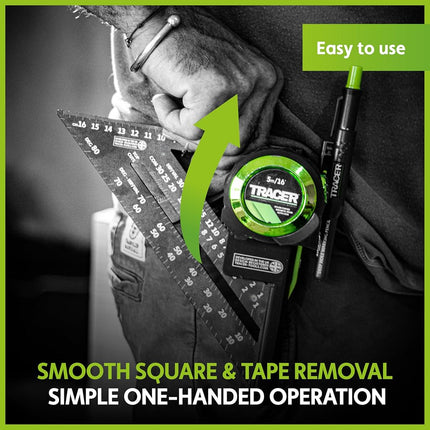 Tracer Set Square and Tape Holder – Speed Square and Tape Measure Holder with Additional Slots for Markers and Belt Clip for 2" Belts.