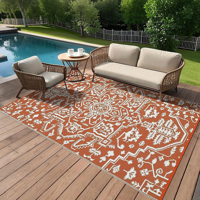 9x12 Large Outdoor Rug for Patio Rugs Waterproof, Reversible Plastic Straw Rug Medallion Pattern, Vintage Camping Rug, Foldable Lightweight Carpet for RV, Porch, Deck, Backyard, Balcony (Brick Color)