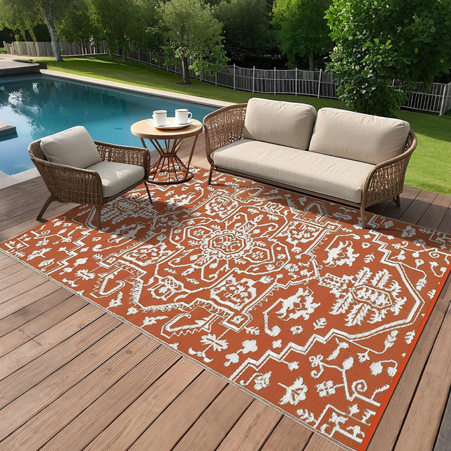 8x10 Large Outdoor Rug for Patio Rugs Waterproof, Reversible Plastic Straw Rug Medallion Pattern, Vintage Camping Rug, Foldable Lightweight Carpet for RV, Porch, Deck, Backyard, Balcony(Brick Color)