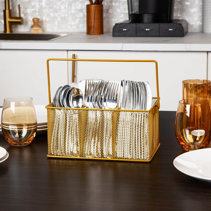 Mind Reader Metal Mesh Basket with Handle, Storage Basket Organizer, Utensil Holder, Forks, Spoons, Knives, Napkins, Perfect for Desk Supplies, Pencils, Pens, Staples, Gold